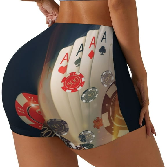 Easygdp Casino Poker Chips Yoga Shorts with Pockets for Women,Women's Biker Shorts Workout Gym Running Volleyball,Tummy Control-Small