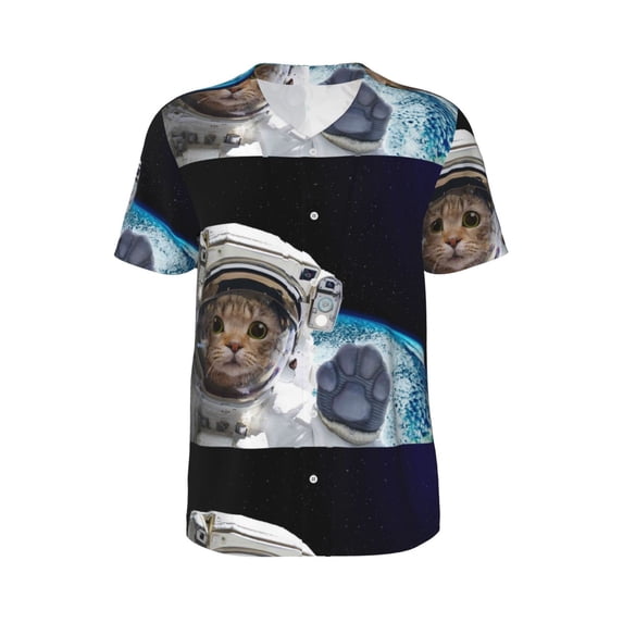 Easygdp Cat Astronaut Men's Muscle T-Shirt Men's Baseball Short Sleeves, for Gym Workout Athletic with Button - Small