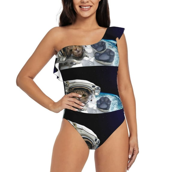 Easygdp Cat Astronaut Women's One Shoulder Ruffle Monokini Bathing Suits with Removable Chest Pad, Quick Drying - Large