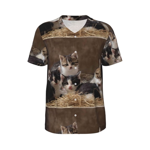 Easygdp Cat Family Men's Muscle T-Shirt Men's Baseball Short Sleeves, for Gym Workout Athletic with Button - 3X-Large