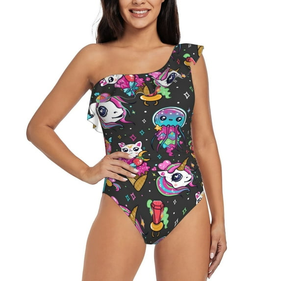 Easygdp Cat Icecream Women's One Shoulder Ruffle Monokini Bathing Suits with Removable Chest Pad, Quick Drying - Small
