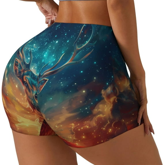 Easygdp Celestial Stag Cosmic Glow Yoga Shorts with Pockets for Women,Women's Biker Shorts Workout Gym Running Volleyball,Tummy Control-Small