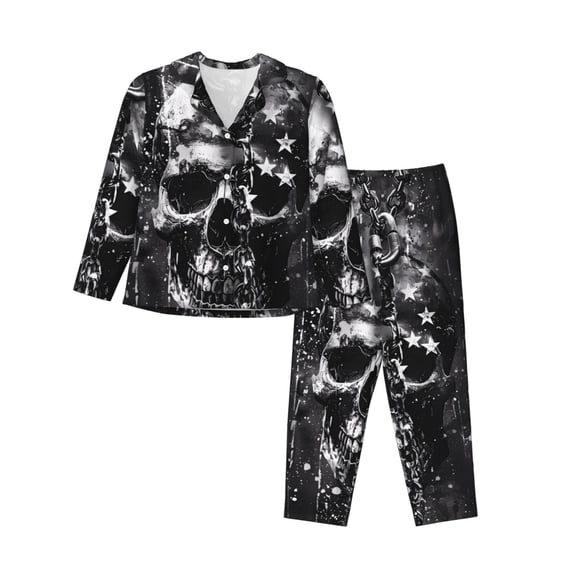 Easygdp Chained Skull Artwork Women's Long-Sleeve Shirt and Full-Length Bottom Pajama Set,Two Piece Loungewear Soft Pajama Top and Pants Pjs Sleepwear-XX-Large