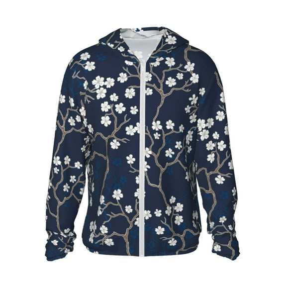 Easygdp Cherry Blossoms on Navy Background Lightweight Long Sleeve Sun Shirt Sports long-Sleeved Sun Protective Clothing, Quick Drying Breathable - 3X-Large