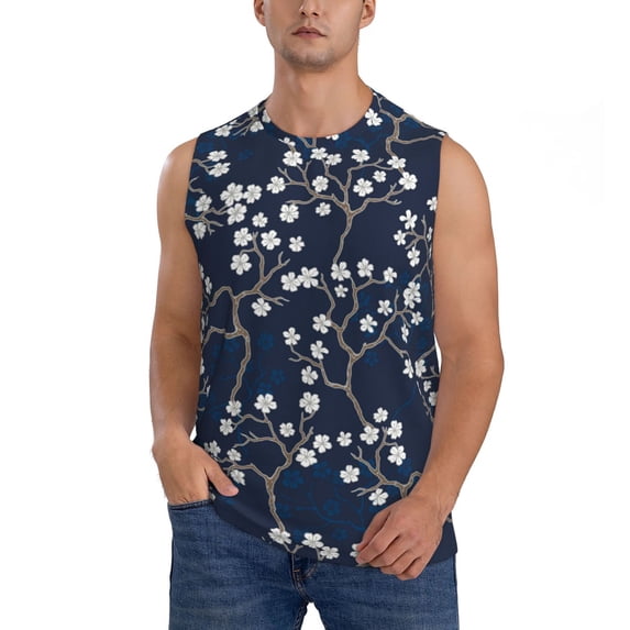 Easygdp Cherry Blossoms on Navy Background Men's Breathable Tank Tops Sleeveless Sporty T Shirts for Basketball, Mountaineering, Bodybuilding -3X-Large