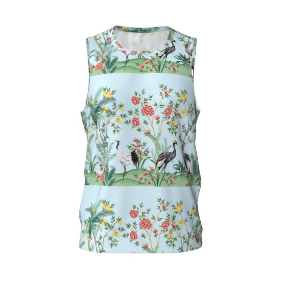 Easygdp Chinoiserie Floral Palm Tree Men's Mesh Basketball Jersey Quick Drying Sleeveless Shirts Fitted Muscle Tank Tops Sport Round Neck T-Shirt - Medium