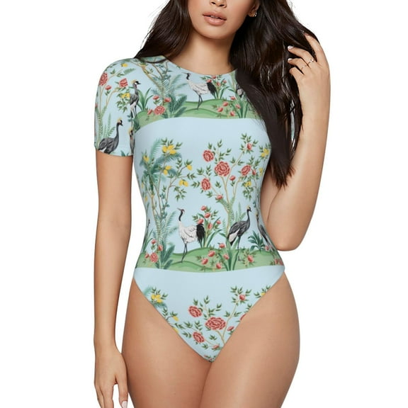 Easygdp Chinoiserie Floral Palm Tree Women's One-Piece Swimsuit Slim Fit Crew Neck Bodysuit Athletic Swimwear with Concealed Buckle - Medium
