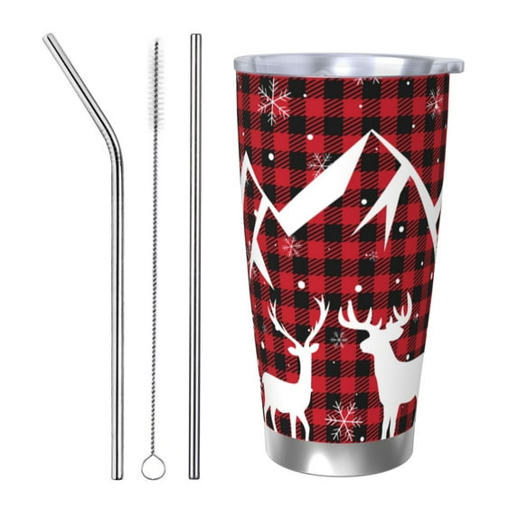 Easygdp Christmas Buffalo Plaid 20oz Stainless Steel Vacuum Insulated Double Wall Travel Tumbler, Durable Insulated Coffee Mug with Spillproof Lid-Straw Three-piece Set