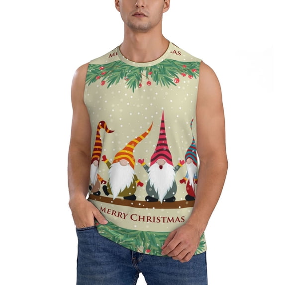 Easygdp Christmas Card With Gnomes Men's Breathable Tank Tops Sleeveless Sporty T Shirts for Basketball, Mountaineering, Bodybuilding -Large