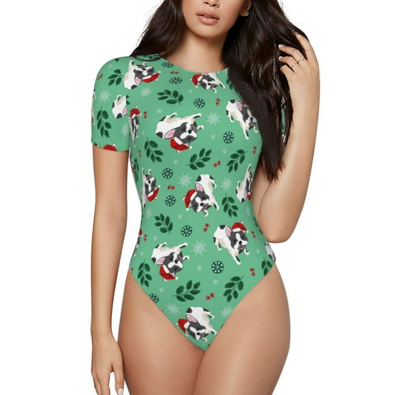 Easygdp Christmas French Bulldog Women'S Waist-Cinching Short-Sleeved Onesie, Olastic Onesiet,Snaps At Bottom,Easy To Put On And Take Off - X-Large