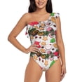 thumbnail image 1 of Easygdp Christmas Gingerbread Cookies Women's One Shoulder Ruffle Monokini Bathing Suits with Removable Chest Pad, Quick Drying - Small, 1 of 8