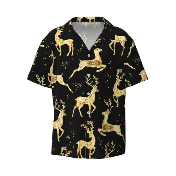 Easygdp Christmas Gold Deers Men's Casual Short-sleeved Shirt with Pocket and Button Suitable for Beach Vacation Leisure - Medium