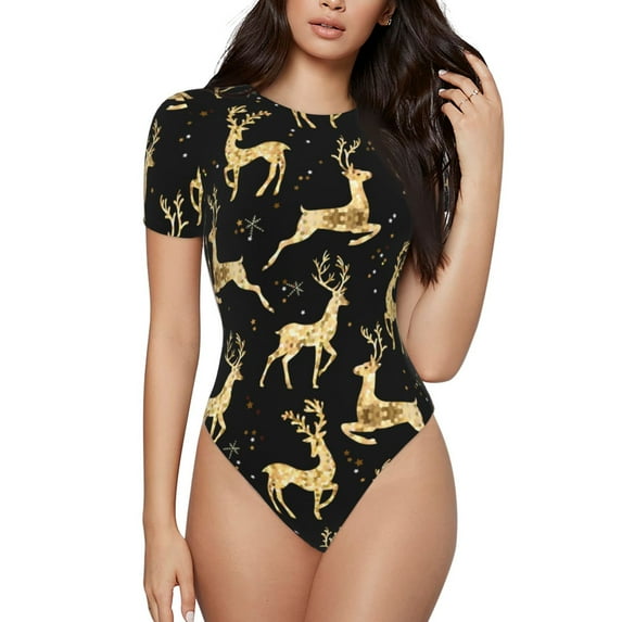 Easygdp Christmas Gold Deers Women'S Waist-Cinching Short-Sleeved Onesie, Olastic Onesiet,Snaps At Bottom,Easy To Put On And Take Off - Small