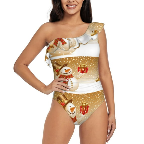Easygdp Christmas Snowman Gift Women's One Shoulder Ruffle Monokini Bathing Suits with Removable Chest Pad, Quick Drying - Medium