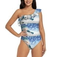 thumbnail image 1 of Easygdp Christmas Snowman In The Snow Women's One Shoulder Ruffle Monokini Bathing Suits with Removable Chest Pad, Quick Drying - Small, 1 of 8