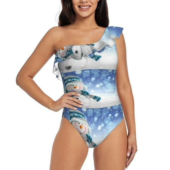 Easygdp Christmas Snowman In The Snow Women's One Shoulder Ruffle Monokini Bathing Suits with Removable Chest Pad, Quick Drying - Small