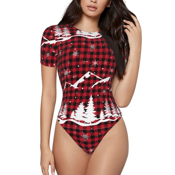 Easygdp Christmas Tree Buffalo Plaid Women's One-Piece Swimsuit Slim Fit Crew Neck Bodysuit Athletic Swimwear with Concealed Buckle - Large
