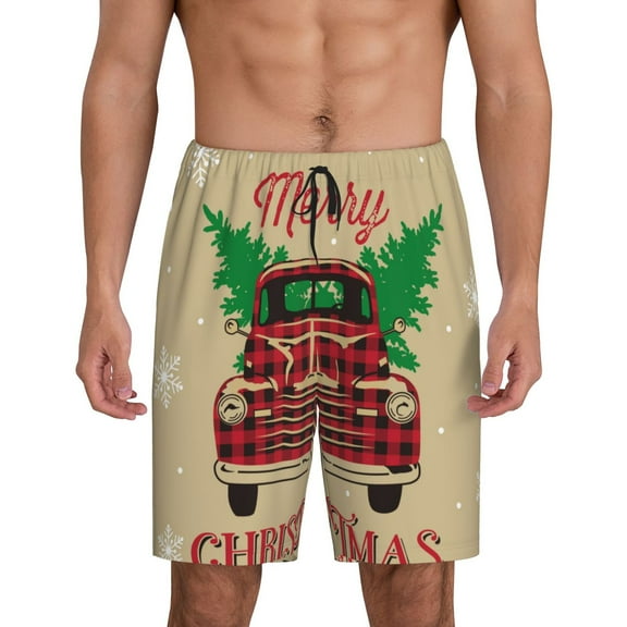 Easygdp Christmas Vintage Red Truck Men's Short Pajama Pants, Sleep Shorts, Household Pants, Casual Pants with Pockets - Large