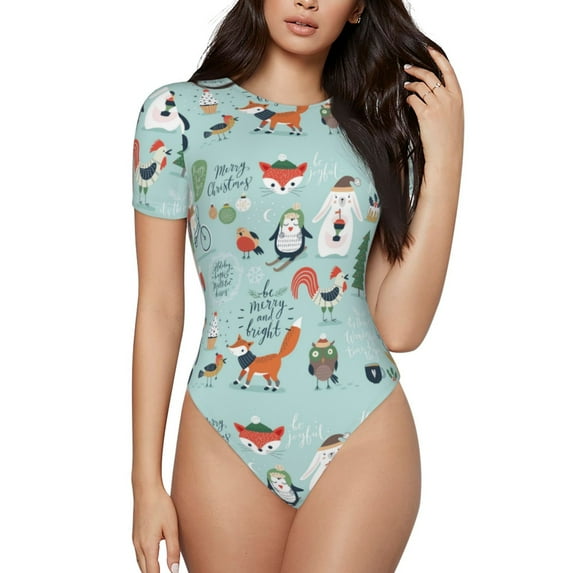 Easygdp Christmas Winter Animals Women's One-Piece Swimsuit Slim Fit Crew Neck Bodysuit Athletic Swimwear with Concealed Buckle - XX-Large