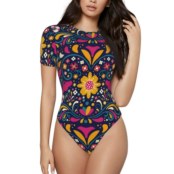 Easygdp Cinco De Mayo Floral Women's One-Piece Swimsuit Slim Fit Crew Neck Bodysuit Athletic Swimwear with Concealed Buckle - Medium