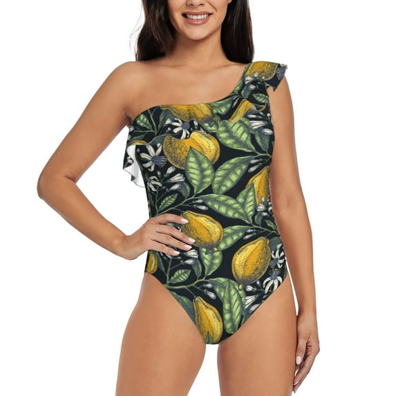 Easygdp Citrus Fruits Elegant Lemons Women's One Shoulder Ruffle Monokini Bathing Suits with Removable Chest Pad, Quick Drying - X-Large