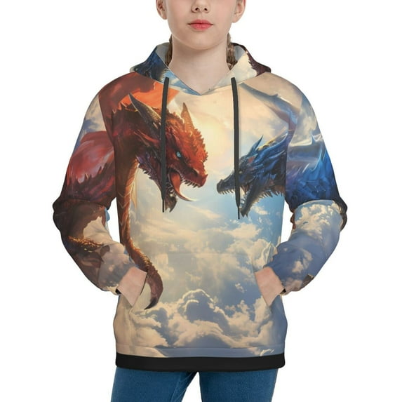 Easygdp Cloud Red And Blue Dragon Boys Hoodie Kids Sweatshirt Youth Pullover With Hood-X-Large
