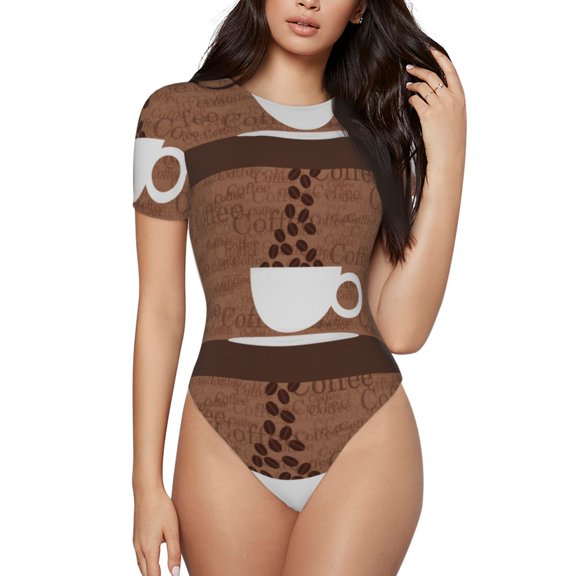 Easygdp Coffee Cafe Cup Women's One-Piece Swimsuit Slim Fit Crew Neck Bodysuit Athletic Swimwear with Concealed Buckle - Small