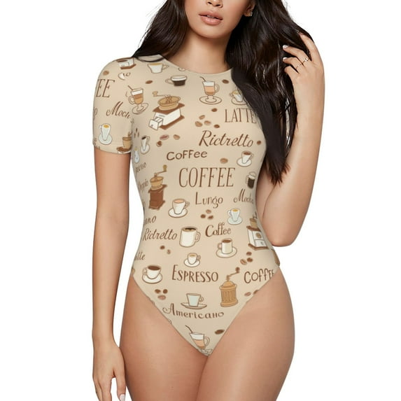 Easygdp Coffee Time Women's One-Piece Swimsuit Slim Fit Crew Neck Bodysuit Athletic Swimwear with Concealed Buckle - Medium