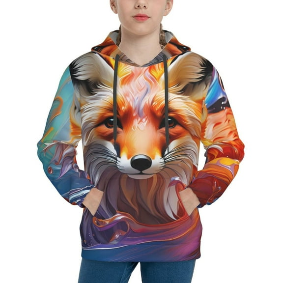 Easygdp Color Splash Fox Portrait Boys Hoodie Kids Sweatshirt Youth Pullover With Hood-Medium