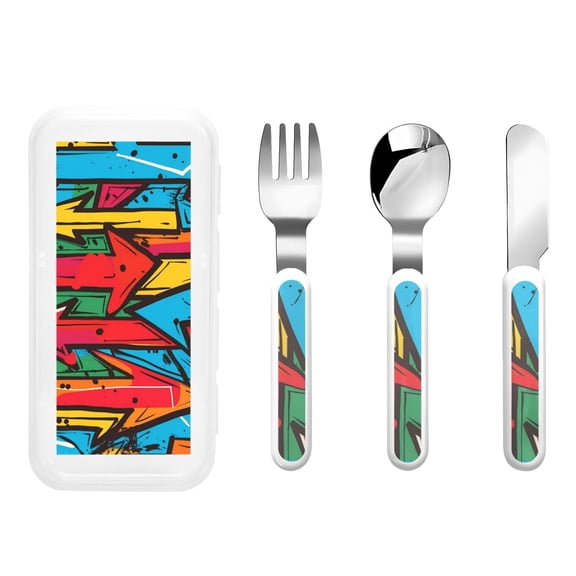 Easygdp Colorful Arrow Graffiti Pattern 3-Piece Flatware Set Kids Silverware, Stainless Steel Toddler Kids Utensils Safe for Preschooler Children