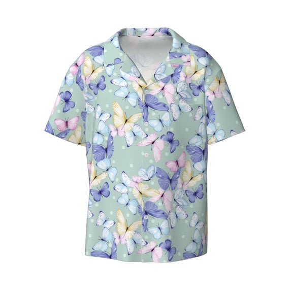 Easygdp Colorful Butterfly Men's Casual Short-sleeved Shirt with Pocket and Button Suitable for Beach Vacation Leisure - Large