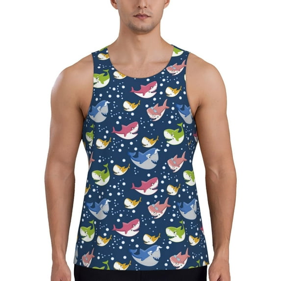 Easygdp Colorful Cartoon Shark Men's Tank Top, Sleeveless Muscle T Shirts, Breathable, Quick-Dry, Loose for Gym, Running, Fitness - Small