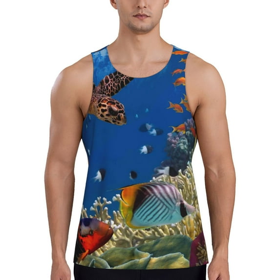 Easygdp Colorful Coral Reef Men's Tank Top, Sleeveless Muscle T Shirts, Breathable, Quick-Dry, Loose for Gym, Running, Fitness - Medium