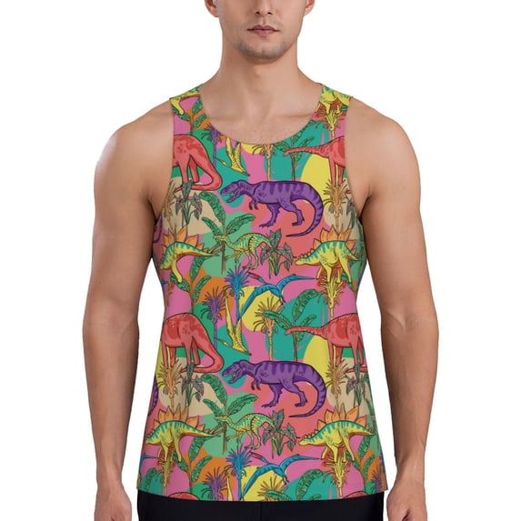 Easygdp Colorful Dinosaur Men's Tank Top, Sleeveless Muscle T Shirts, Breathable, Quick-Dry, Loose for Gym, Running, Fitness - Small