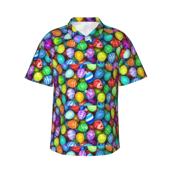 Easygdp Colorful Easter Eggs1 Men's Hawaiian Shirts Print Lapel Short Sleeve for Beach, vacation, party, casual occasions - Large