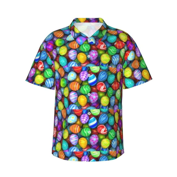 Easygdp Colorful Easter Eggs1 Men's Hawaiian Shirts Print Lapel Short Sleeve for Beach, vacation, party, casual occasions - Medium