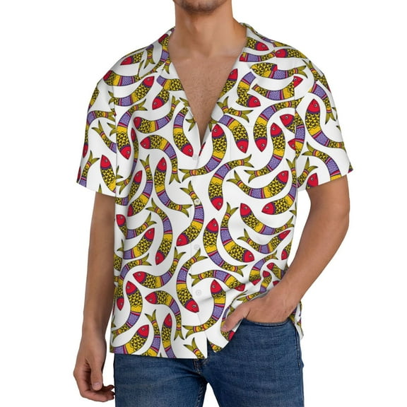 Easygdp Colorful Fishes Mens Short Sleeve Button Down,Cuban Shirts for Men,Men's Casual Short-Sleeved Shirt-Small