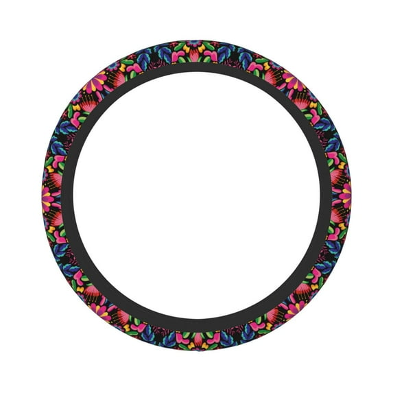 Easygdp Colorful Floral Embroidery Mexican Elastic Steering Wheel Cover, Auto Accessories, Fit Suvs, Vans,Cars, Trucks -15 inch