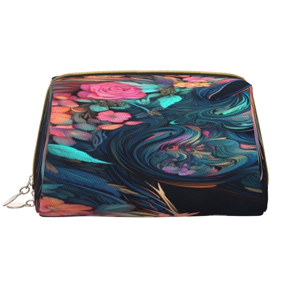 Easygdp Colorful Floral Patterned Horse Leather Makeup Bag Zipper Pouch Travel Cosmetic Organizer for Women and Girls, Make up Bag with Zipper