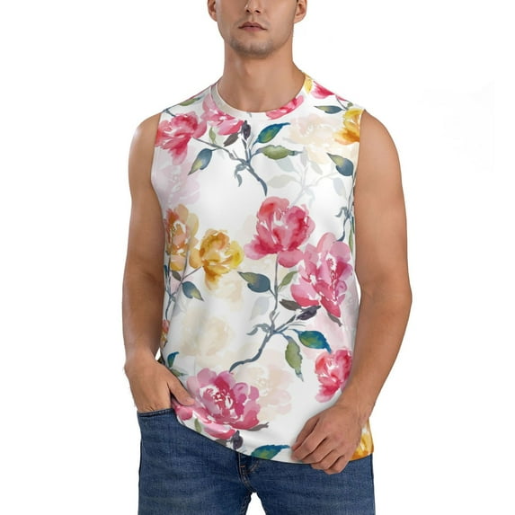 Easygdp Colorful Flowers Men's Breathable Tank Tops Sleeveless Sporty T Shirts for Basketball, Mountaineering, Bodybuilding -3X-Large
