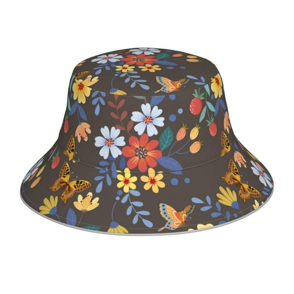 Easygdp Colorful Flowers With Butterfly Double-Sided Reflective Fisherman Hat,Sun Visor,Casual Hat,Fluorescent Hat,Suitable For Outdoor And Night Walking,Unisex