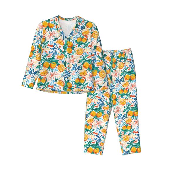 Easygdp Colorful Fruits Women's Long-Sleeve Shirt and Full-Length Bottom Pajama Set,Two Piece Loungewear Soft Pajama Top and Pants Pjs Sleepwear-Small