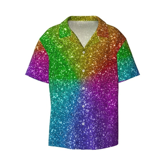 Easygdp Colorful Glitter Men's Casual Short-sleeved Shirt with Pocket and Button Suitable for Beach Vacation Leisure - 3X-Large
