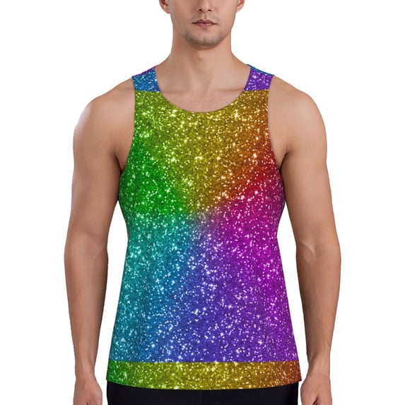 Easygdp Colorful Glitter Men's Tank Top, Sleeveless Muscle T Shirts, Breathable, Quick-Dry, Loose for Gym, Running, Fitness - Medium