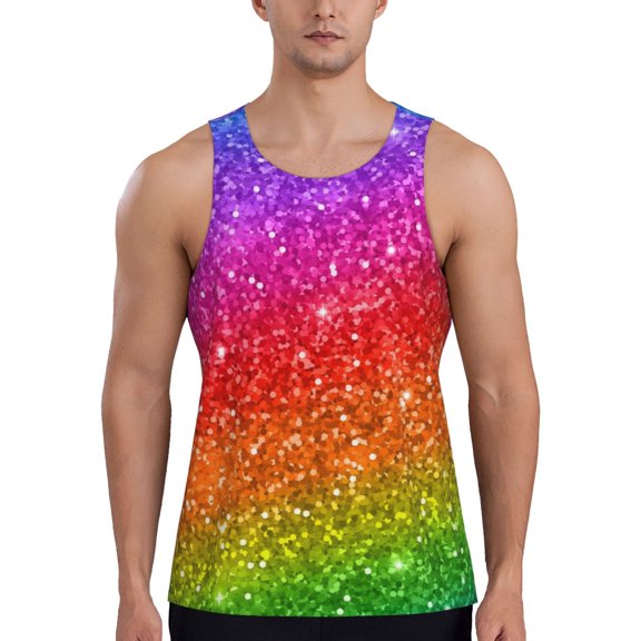 Easygdp Colorful Glitter Men's Tank Top, Sleeveless Muscle T Shirts, Breathable, Quick-Dry, Loose for Gym, Running, Fitness - Medium