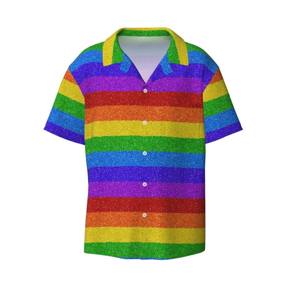 Easygdp Colorful Glitter Rainbow Men's Casual Short-sleeved Shirt with Pocket and Button Suitable for Beach Vacation Leisure - Small