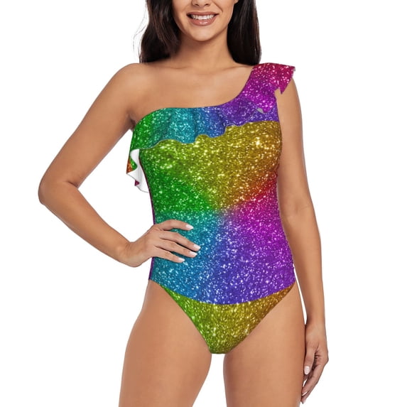 Easygdp Colorful Glitter Women's One Shoulder Ruffle Monokini Bathing Suits with Removable Chest Pad, Quick Drying - Small