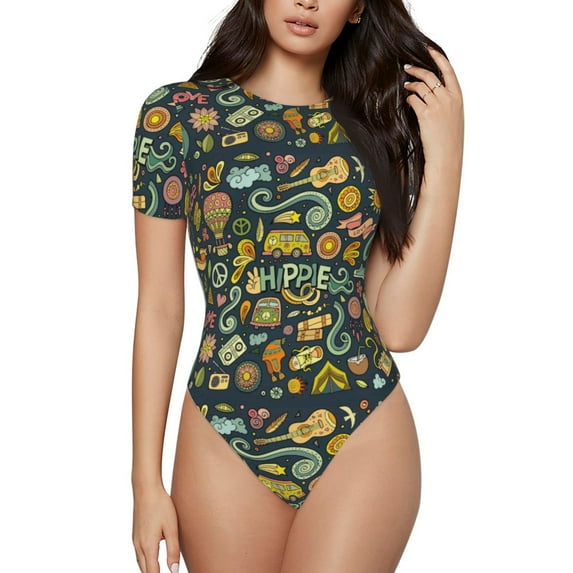 Easygdp Colorful Hippie Women's One-Piece Swimsuit Slim Fit Crew Neck Bodysuit Athletic Swimwear with Concealed Buckle - XX-Large