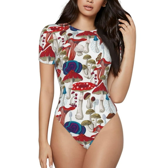 Easygdp Colorful Mushrooms (2) Women's One-Piece Swimsuit Slim Fit Crew Neck Bodysuit Athletic Swimwear with Concealed Buckle - Small