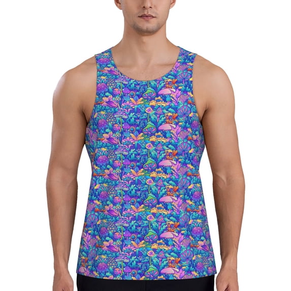 Easygdp Colorful Mushrooms Men's Tank Top, Sleeveless Muscle T Shirts, Breathable, Quick-Dry, Loose for Gym, Running, Fitness - 3X-Large